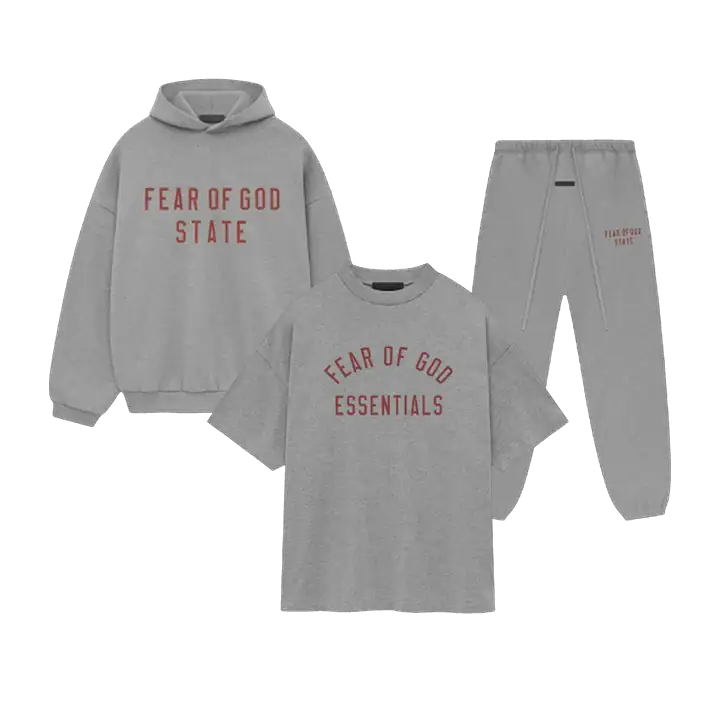 Voorbeeld: Fear of God Essentials FW24 Dark Heather State trainingspak met t-shirt. Jij kiest zelf je trainingspak en t-shirt.